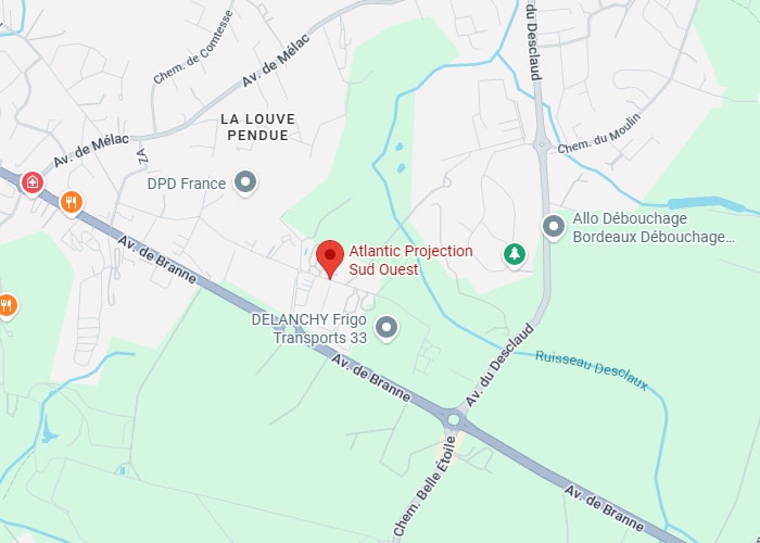 Atlantic Projection Sud Ouest : Plan d'accès et Localisation Plan montrant Atlantic Projection Sud Ouest, DELANCHY Frigo Transports 33 et DPD France sur l'avenue de Branne.