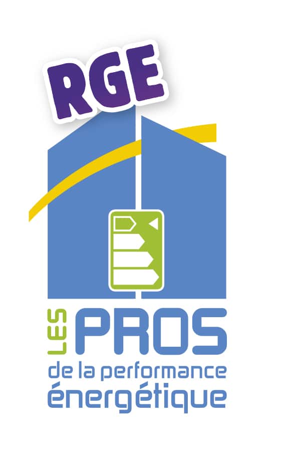 Label RGE : Professionnel de la Performance Énergétique Logo RGE Les Pros de la performance énergétique : icône énergie verte, bâtiment bleu et arc jaune.