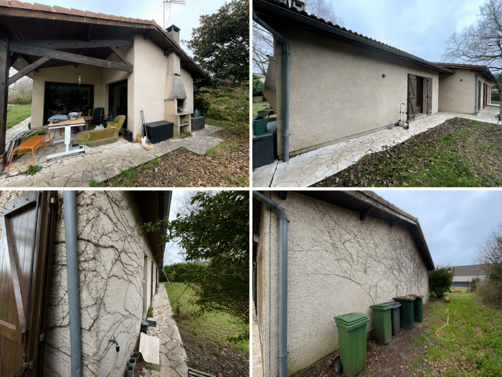 Vues extérieures d'une maison : terrasse couverte, cheminée, murs en crépi avec lierre et volets bois.